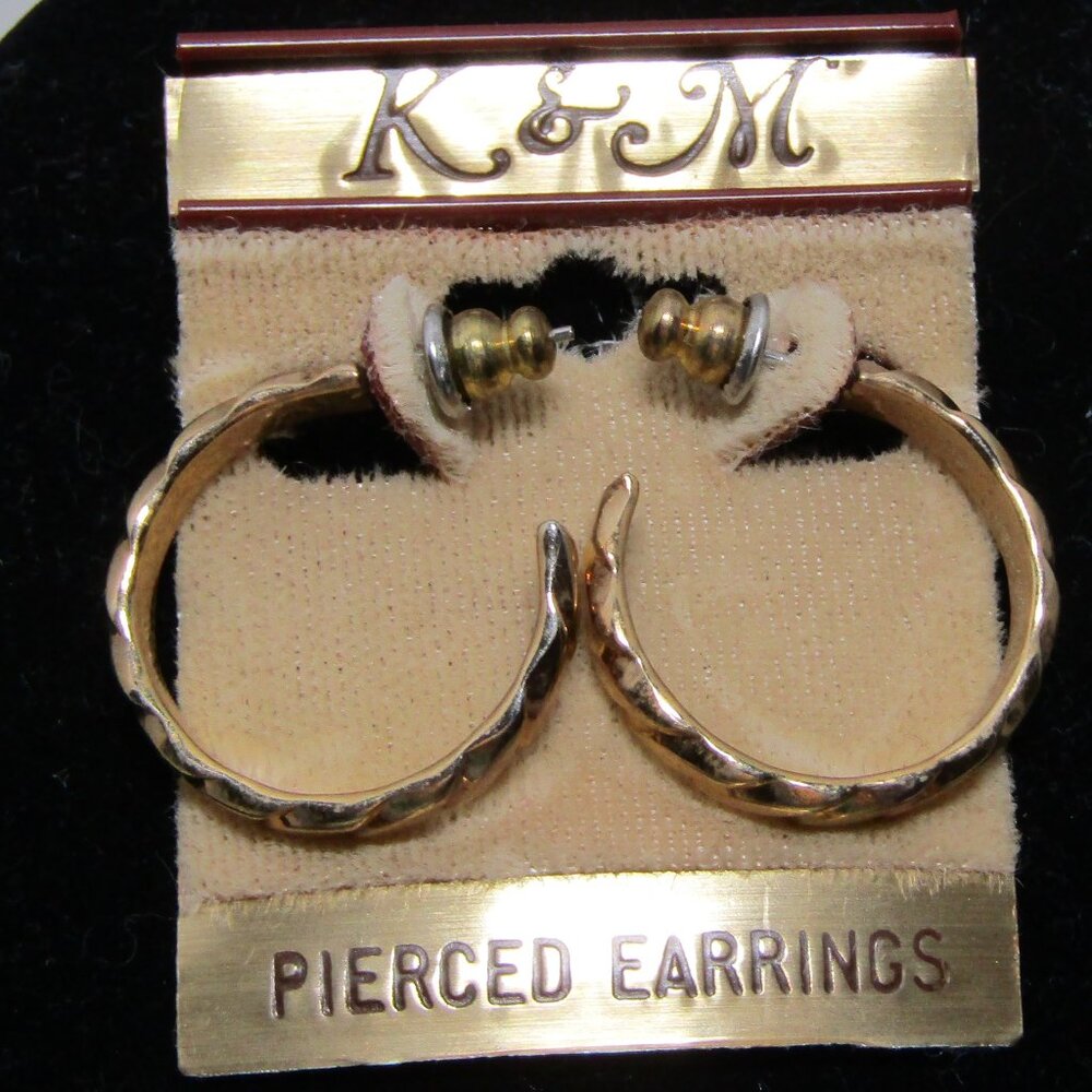 Vintage K&M Earrings Gold Tone Textured Hoop Pierced 3/4" NOS